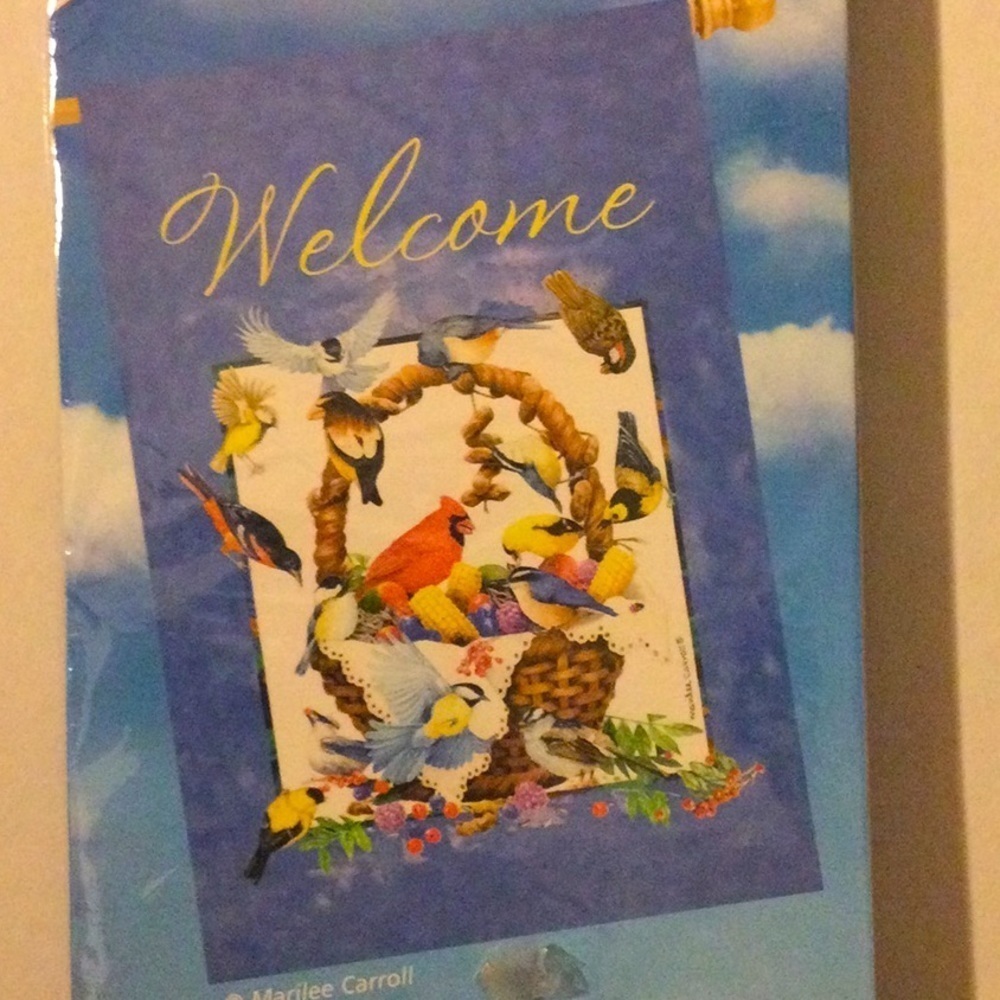 NEW Large Decorative Flag 25.5”x 38” “Welcome” Bird Basket Marilee Carroll